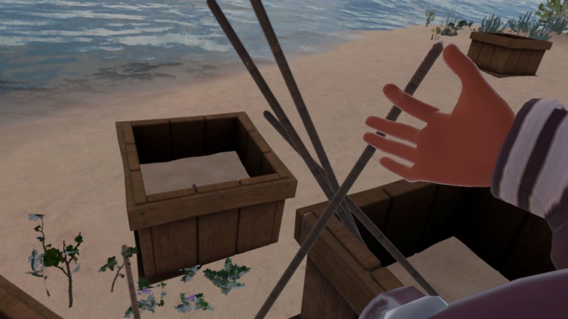 Building with sticks and crates on a beach in Outdoor Survival